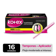 Tampón Kotex Con Aplicador Medio Flujo Moderado a Intenso 16 un