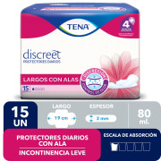 Protector para Incontinencia Urinaria Leve Discreet Largos con Alas 15 Unidades