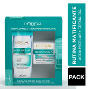 Loreal - Rutina Matificante Cuidado Limpieza+ Hidratación: Agua Micelar + Crema Hidratante Matificante para pieles mixtas a grasas.